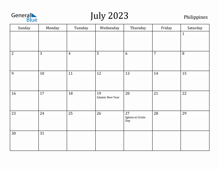 July monthly calendar with philippines holidays