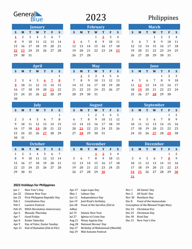 Printable calendar with philippines holidays