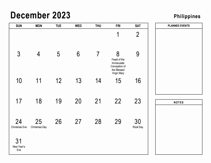 December planner with philippines holidays