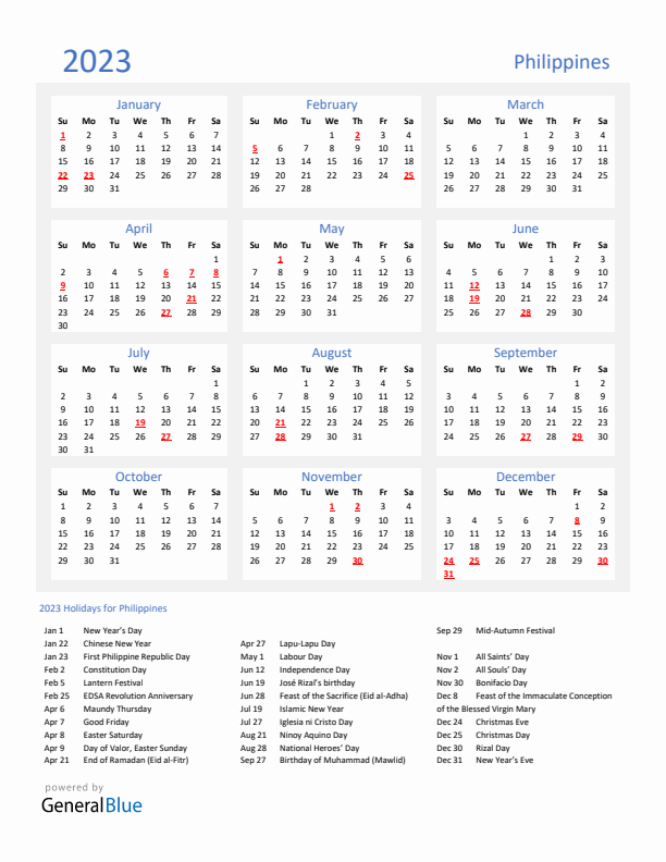 Philippines calendar with holidays