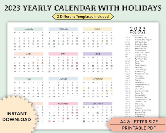 Year calendar with holidays on one page printable landscape colorful wall calendar desk calendar monday start aletter download now