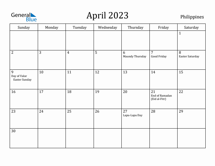 April monthly calendar with philippines holidays