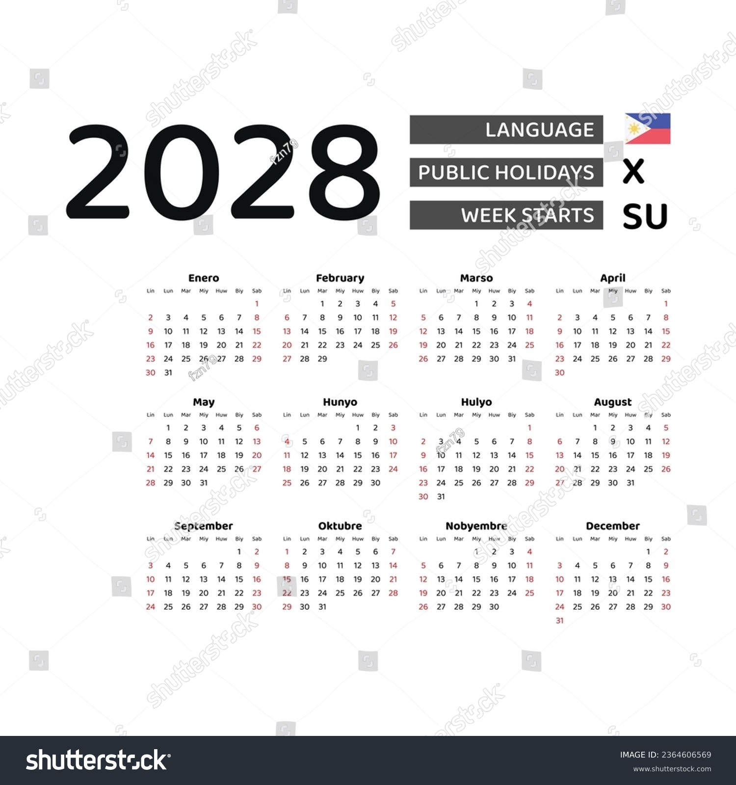 Calendar filipino language philippines public stock vector royalty free