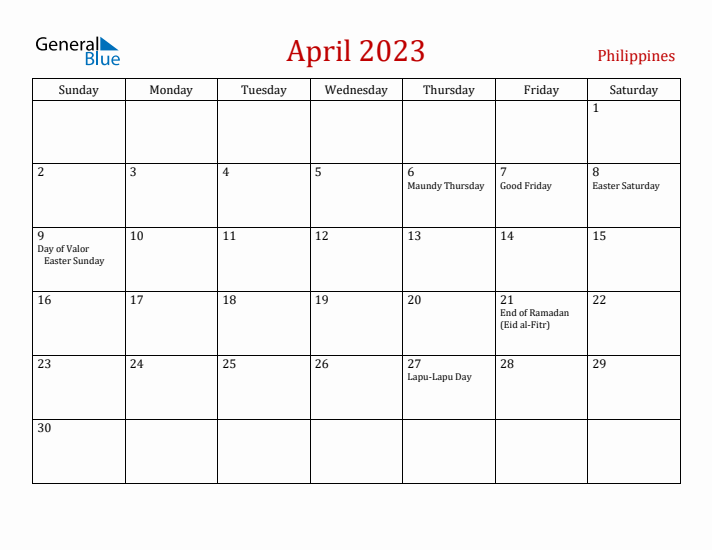 April monthly calendar with philippines holidays