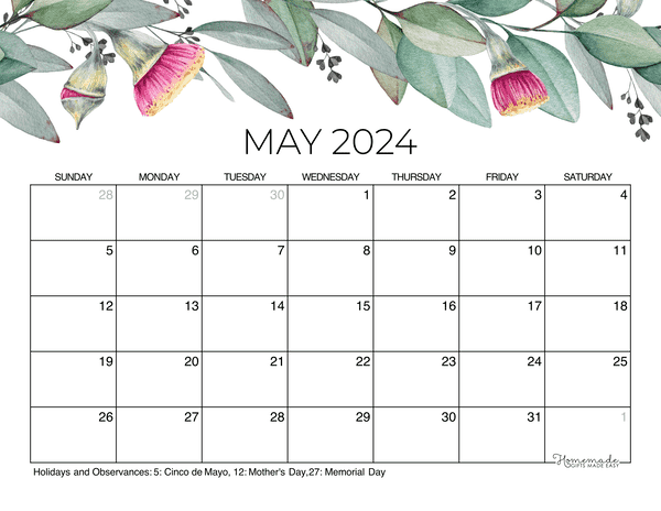 May calendar free printable with holidays