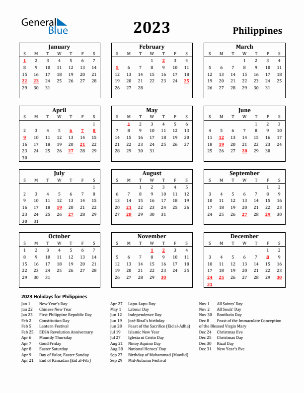 Philippines calendar with holidays