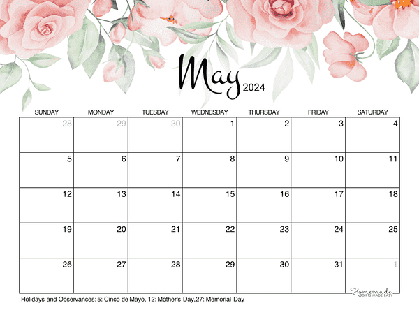 May calendar free printable with holidays