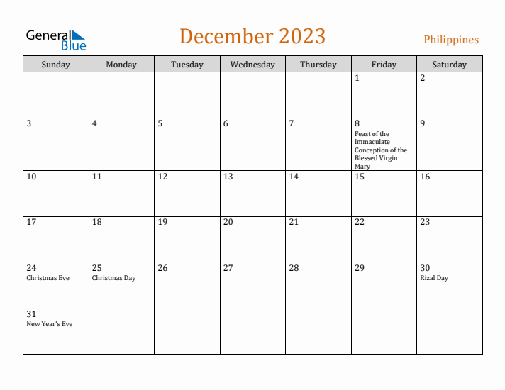 Free december philippines calendar