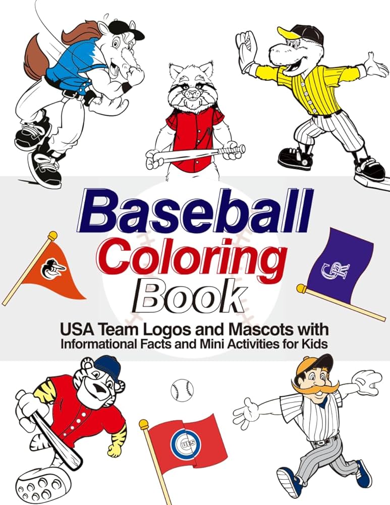 Baseball coloring book usa team logos and mascots with informational facts and mini activities for kids mind canvas books