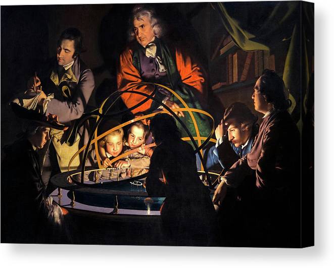 A philosopher giving that lecture on the orrery in which a lamp is put in the place of the sun canvas print canvas art by joseph wright of derby