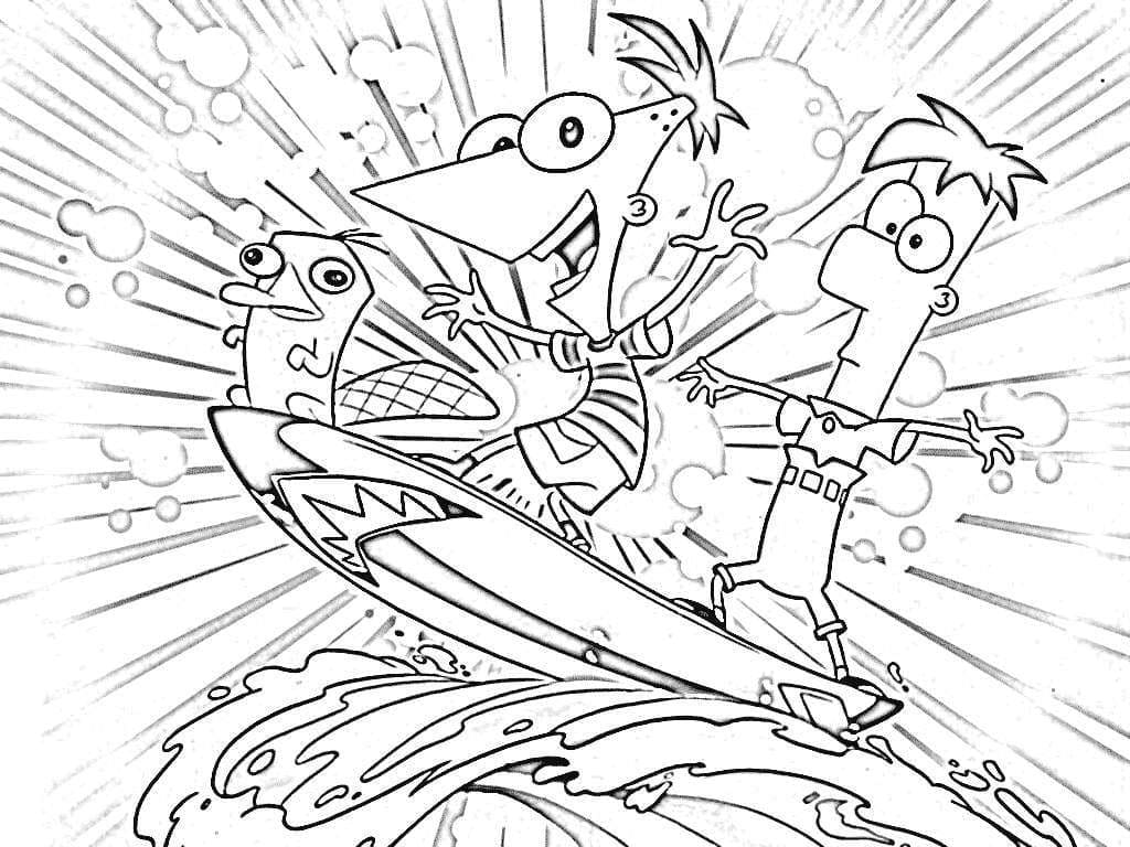 Phineas and ferb surfing coloring page