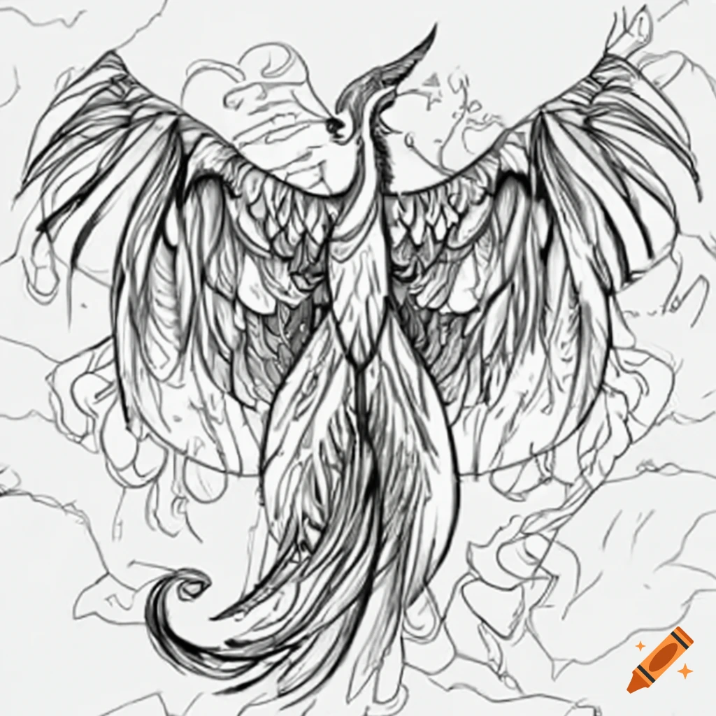 Coloring page of a beautiful phoenix on