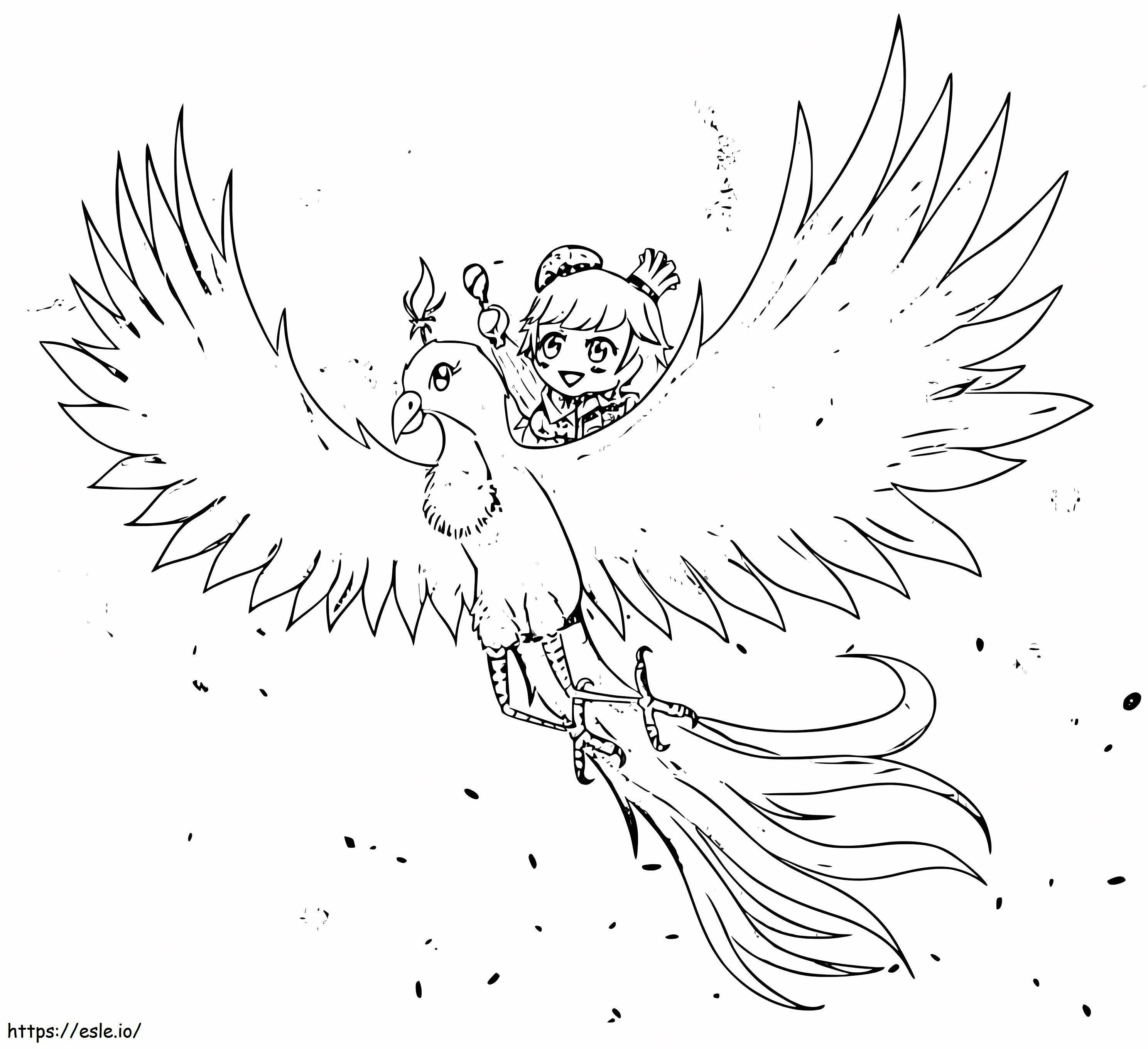 Cute girl and phoenix coloring page