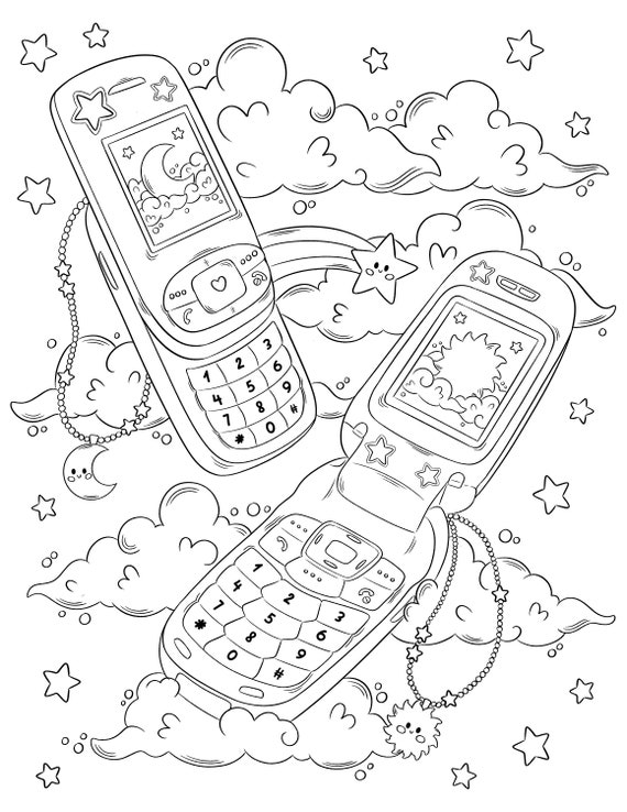 Flip phone kawaii coloring page cute coloring page cute kawaii aesthetic instant download coloring pages