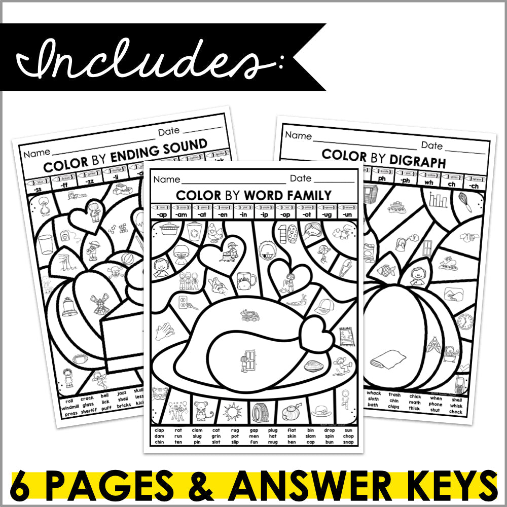 Thanksgiving color by code phonics coloring pages â teacher jeanell