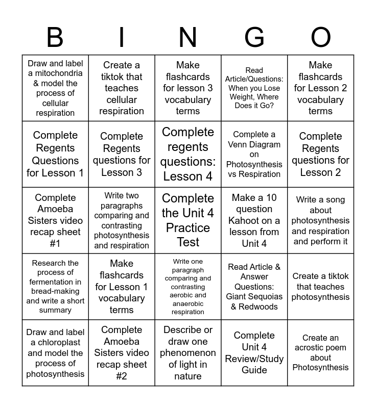 Unit homework bingo bingo card