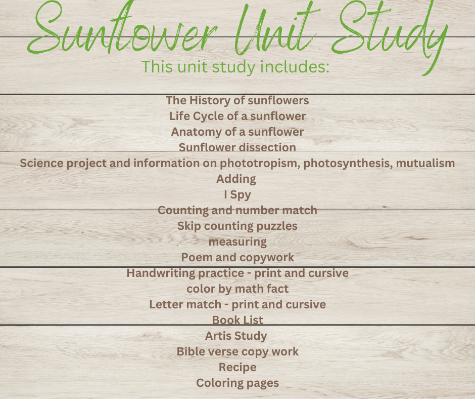 Sunflower unit study printed workbook pdf download anchored homeschool resource center