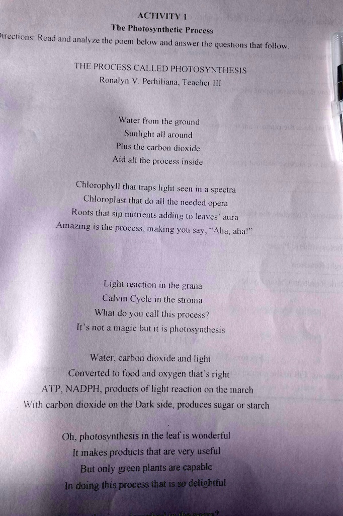 Solved what does the poem want to convey activity the photosynthetic process directions read and analyze the poem below and answer the questions that follow the process called photosynthesis ronalyn perhiliana teacher