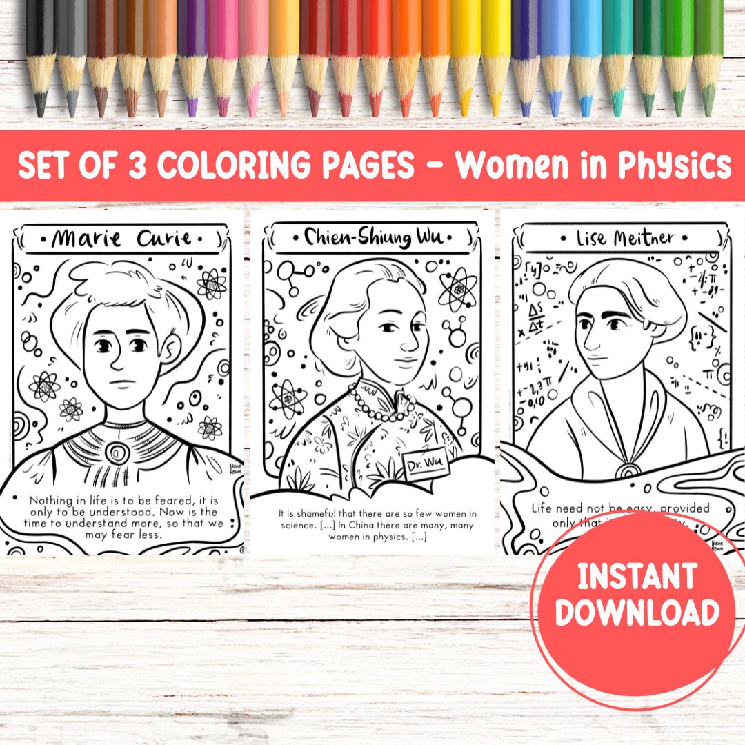 Printable coloring page women in science colouring page pdf steminist coloring sheet women in physics drawing women in stem teacher material