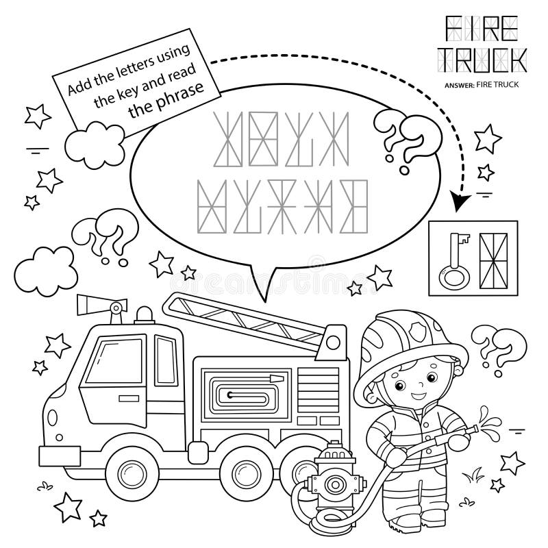 Puzzle game for children coloring page outline of cartoon fireman or firefighter with fire truck fire fighting stock vector