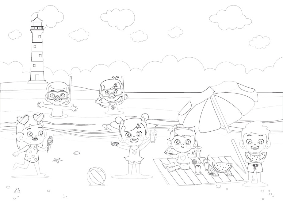 Children playing on the beach coloring page