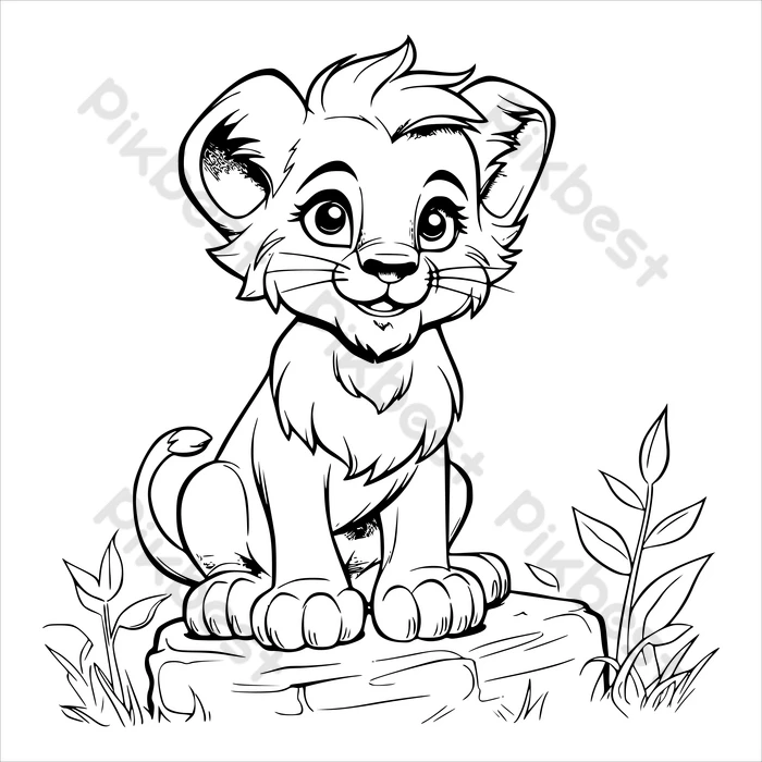 Lion cub coloring page drawing for kids illustration ai free download