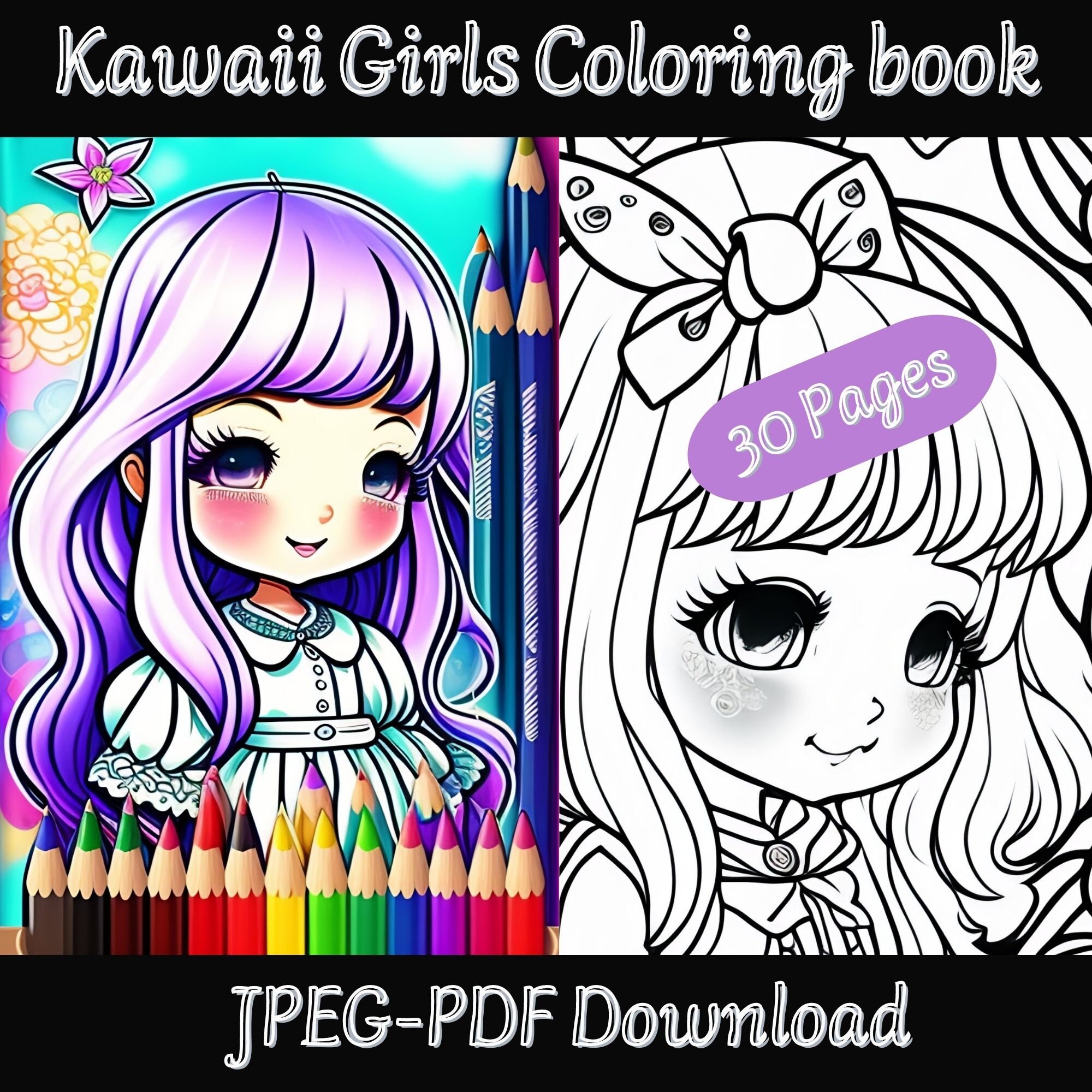 Cute kawaii girls coloring pages kawaii girls coloring book relaxing and calming kawaii coloring book colorful and cute kawaii girls