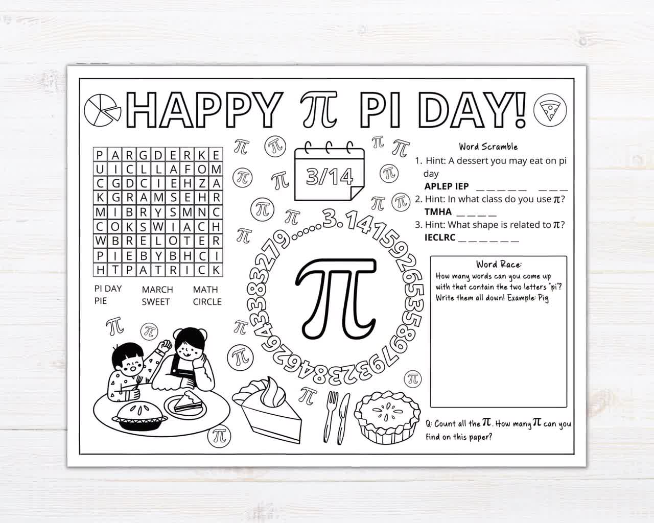 Printable kids pi day coloring activity sheet kids pi day worksheet pi day classroom activity pi day coloring pi day activity ideas
