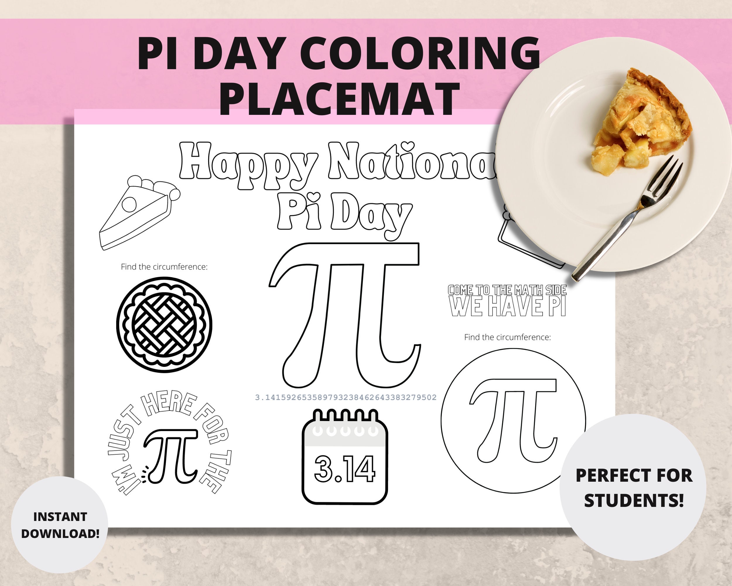 Pi day coloring placemat pi day activity middle school activity coloring sheet pi day printable coloring pi day worksheet fun pi day