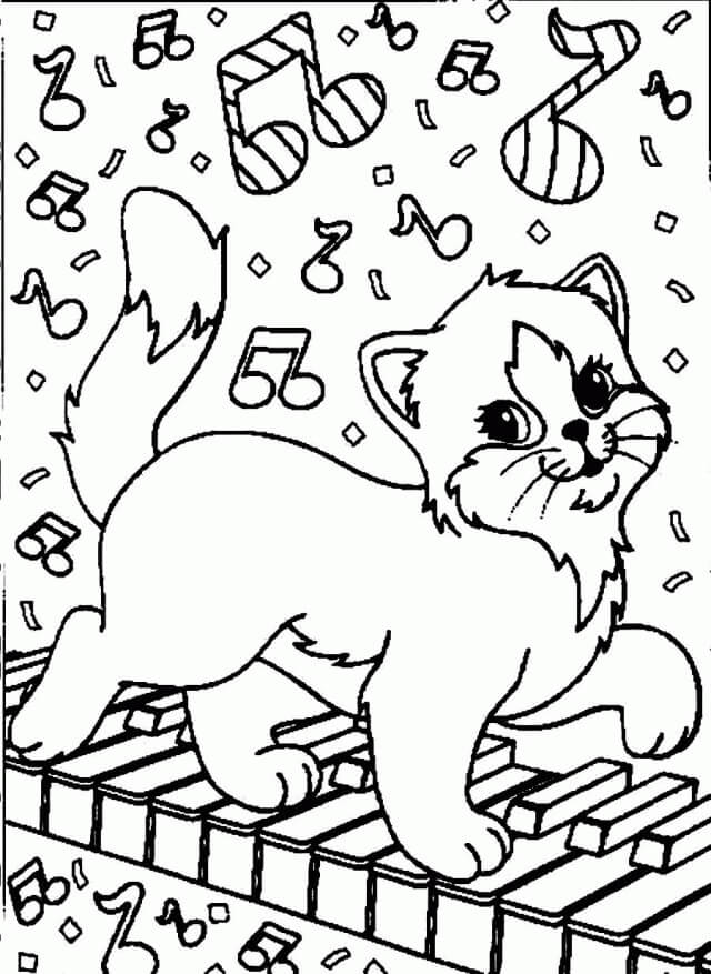 Cat playing piano coloring page