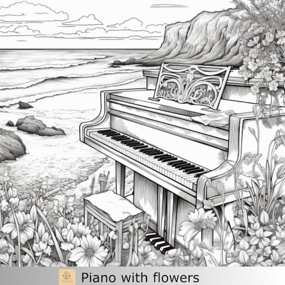 Greyscale floral piano printable coloring page printable adult coloring page download greyscale piano illustration download now