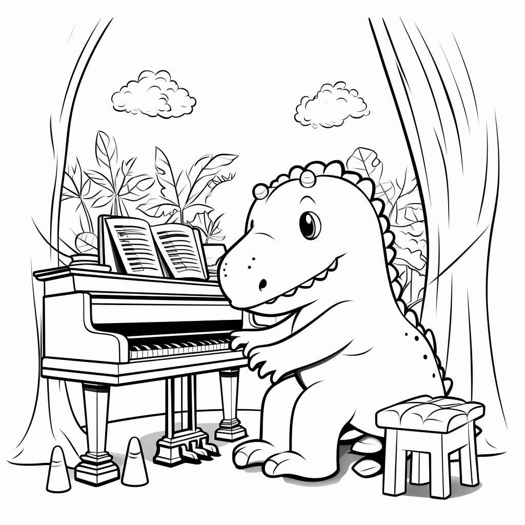 Midjourney prompt dino piano coloring page