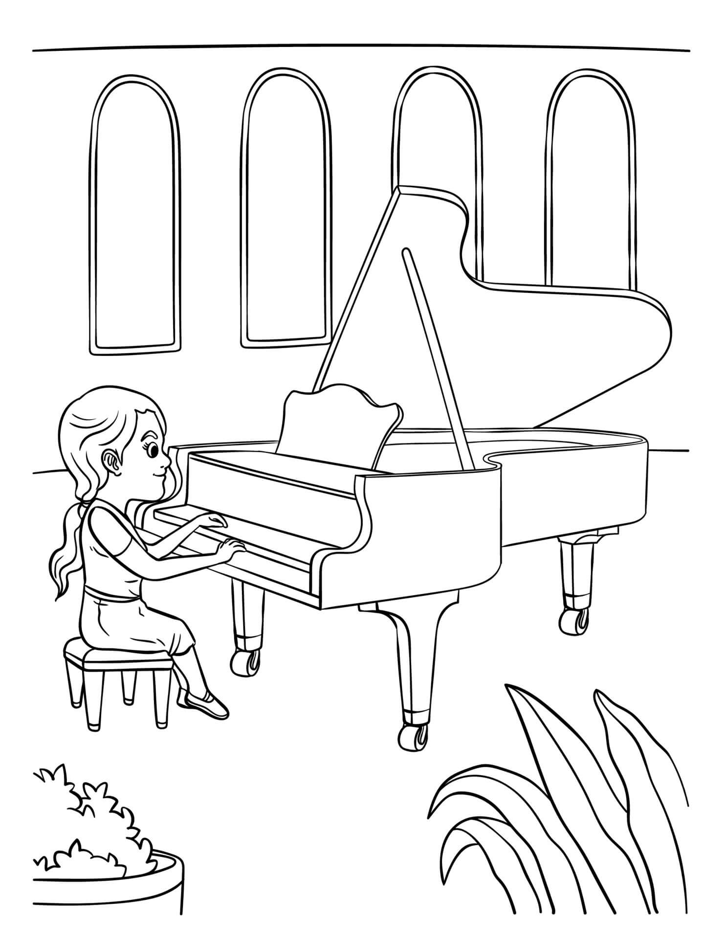 Basic girl playing piano coloring page