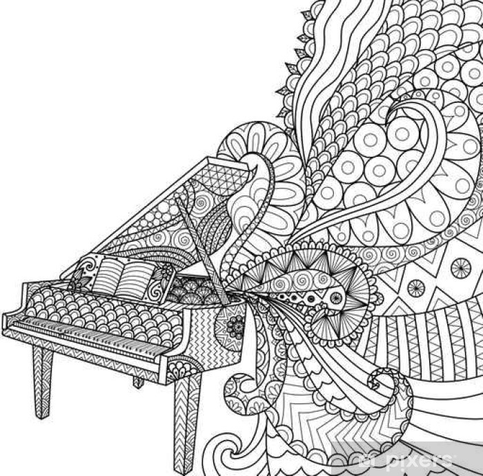 Poster doodles design of piano for coloring book for adult and design element