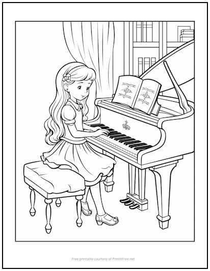 Girl at grand piano coloring page print it free