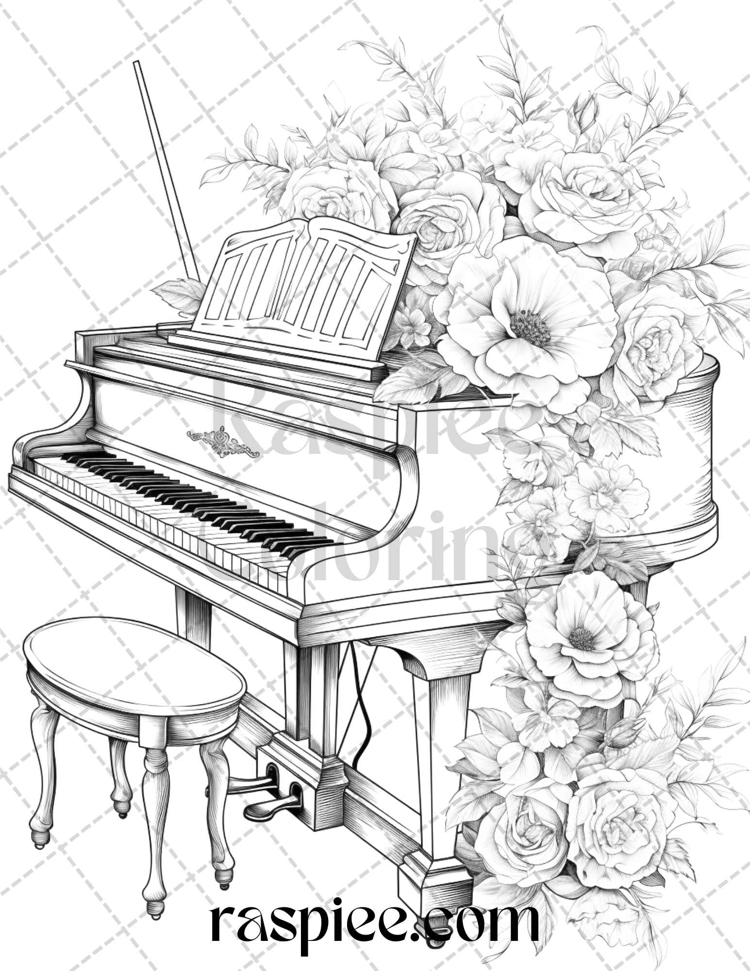 Musical instrument flower grayscale coloring pages printable for ad â coloring