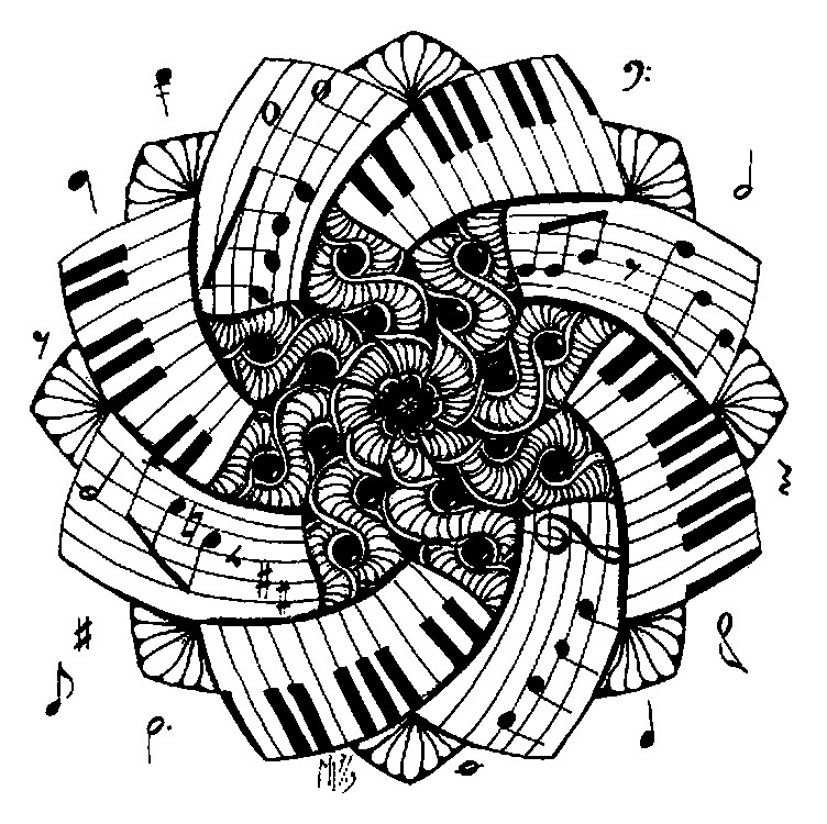 Art therapy coloring page music mandala piano