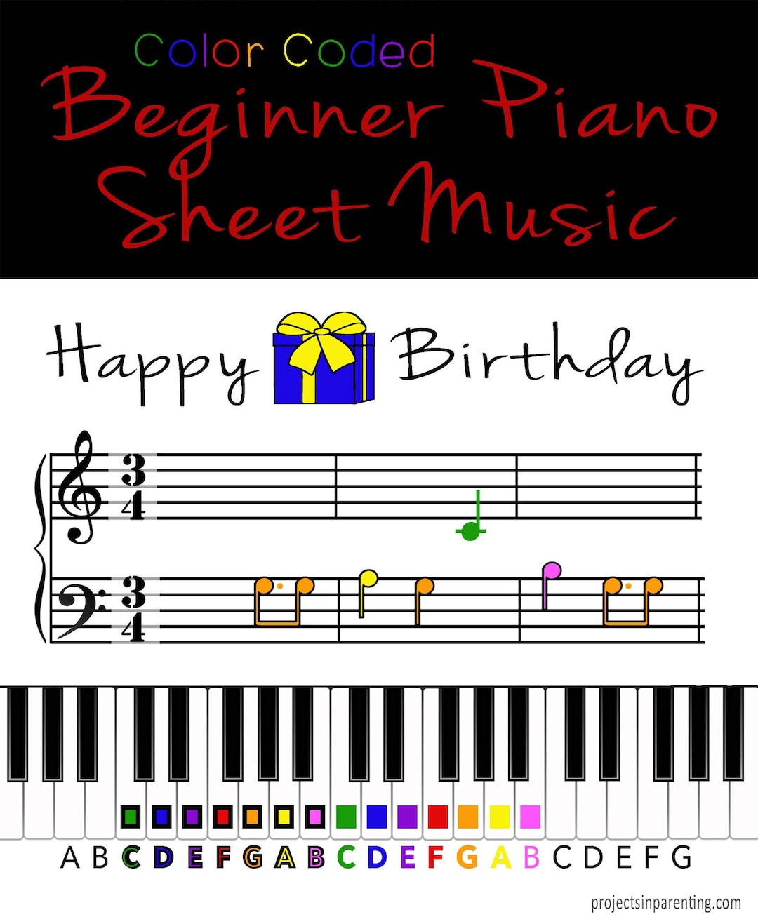 Happy birthday color coded beginner piano music sheet instant download