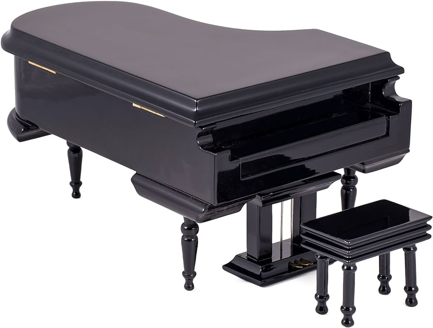 Broadway gifts black baby grand piano music box with bench and black case