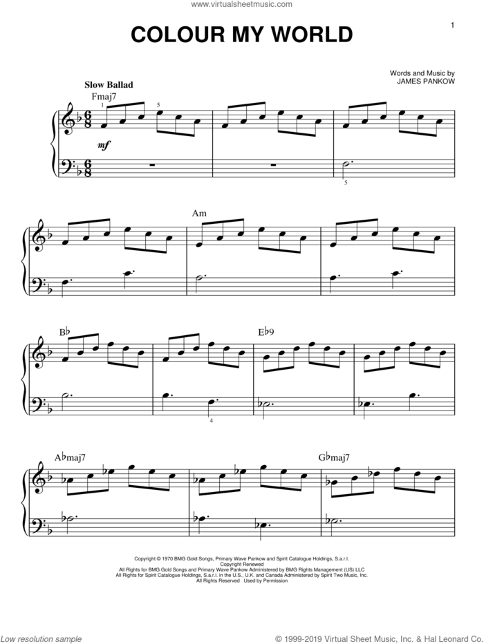 Colour my world sheet music for piano solo pdf