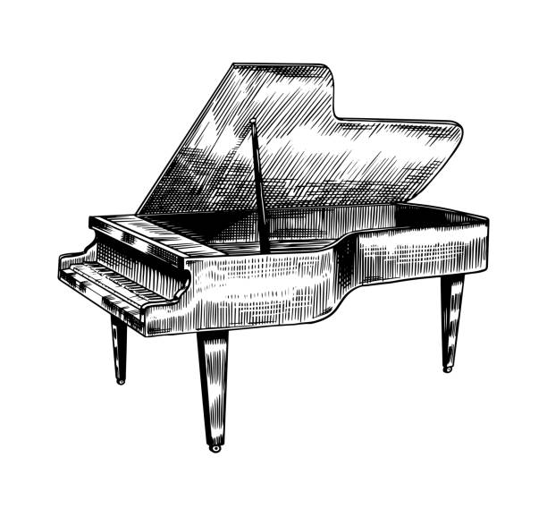 Grand piano in monochrome engraved vintage style hand drawn sketch musical jazz classical keyboard instrument stock illustration