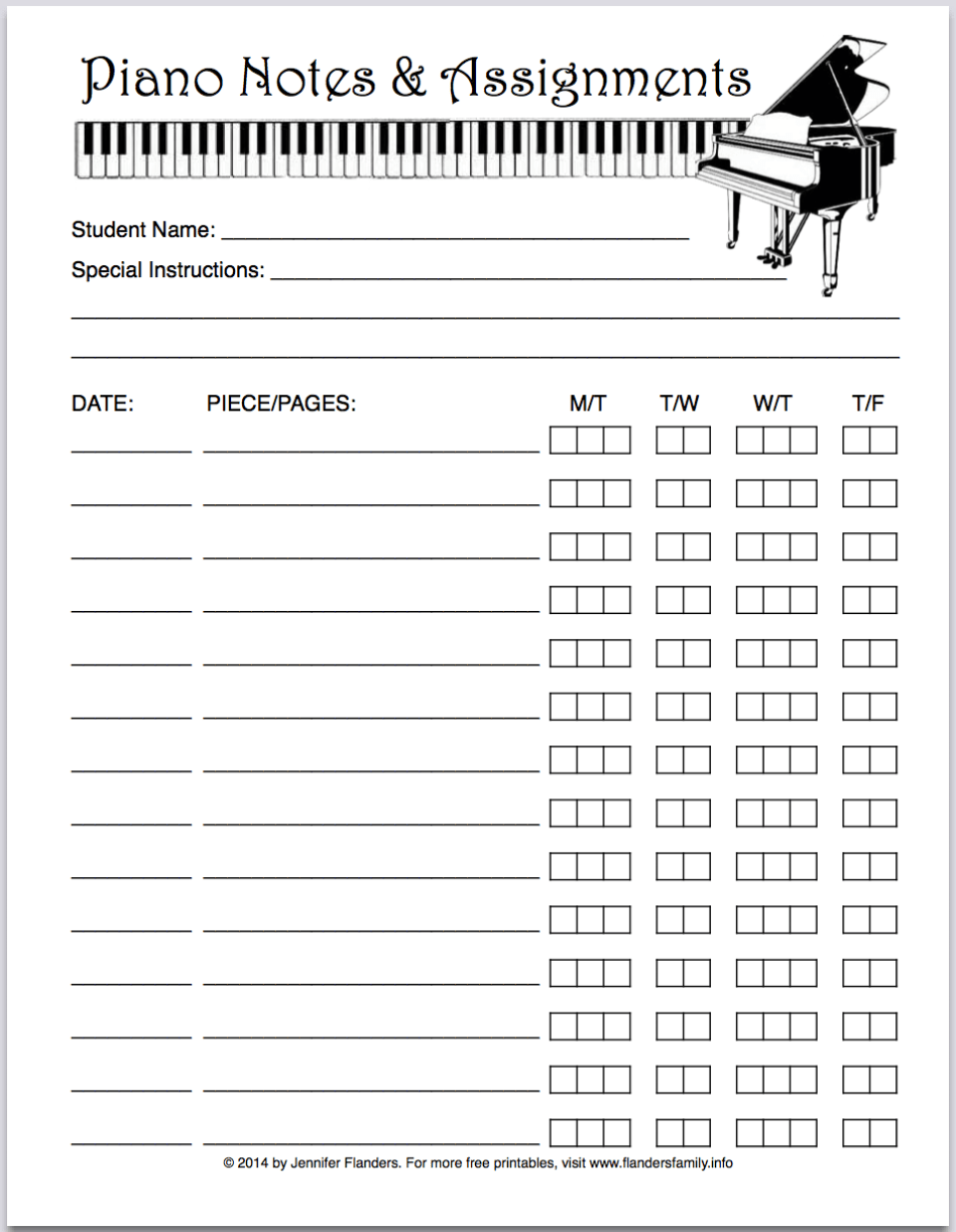 Free printable piano practice record