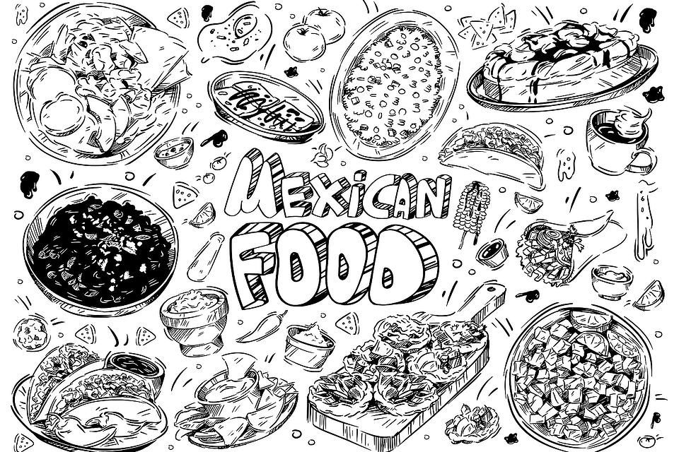 Mexican food coloring pages free printable coloring pages of tacos burritos queso guacamole more printables seconds mom food coloring pages mexican food recipes burritos