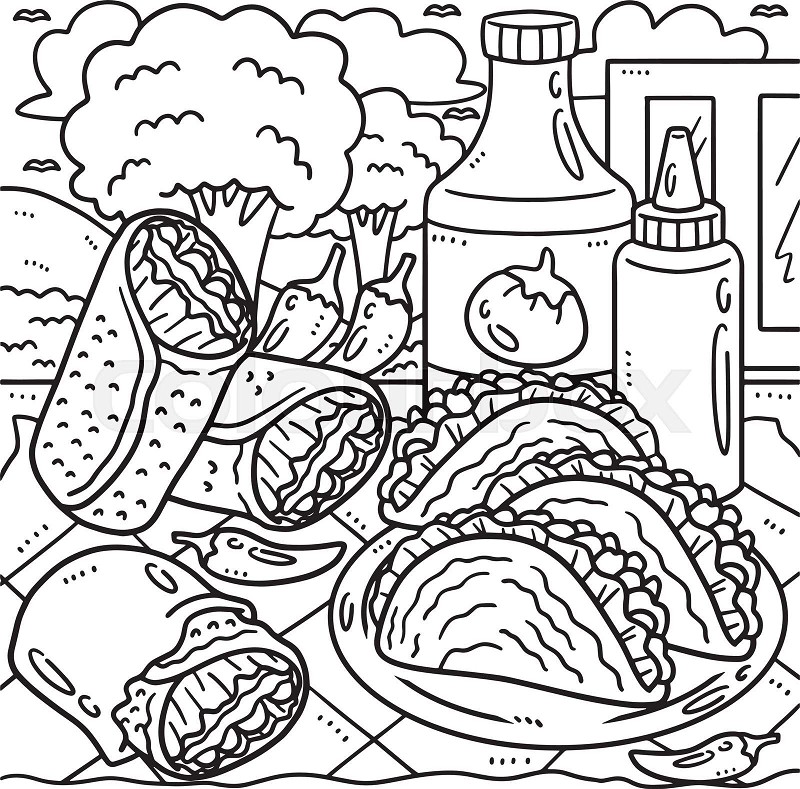 Cinco de mayo tacos and burrito coloring page stock vector