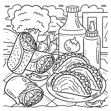 Premium vector cinco de mayo tacos and burrito coloring page