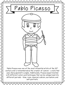 Pablo picasso famous artist coloring page activity art history worksheet