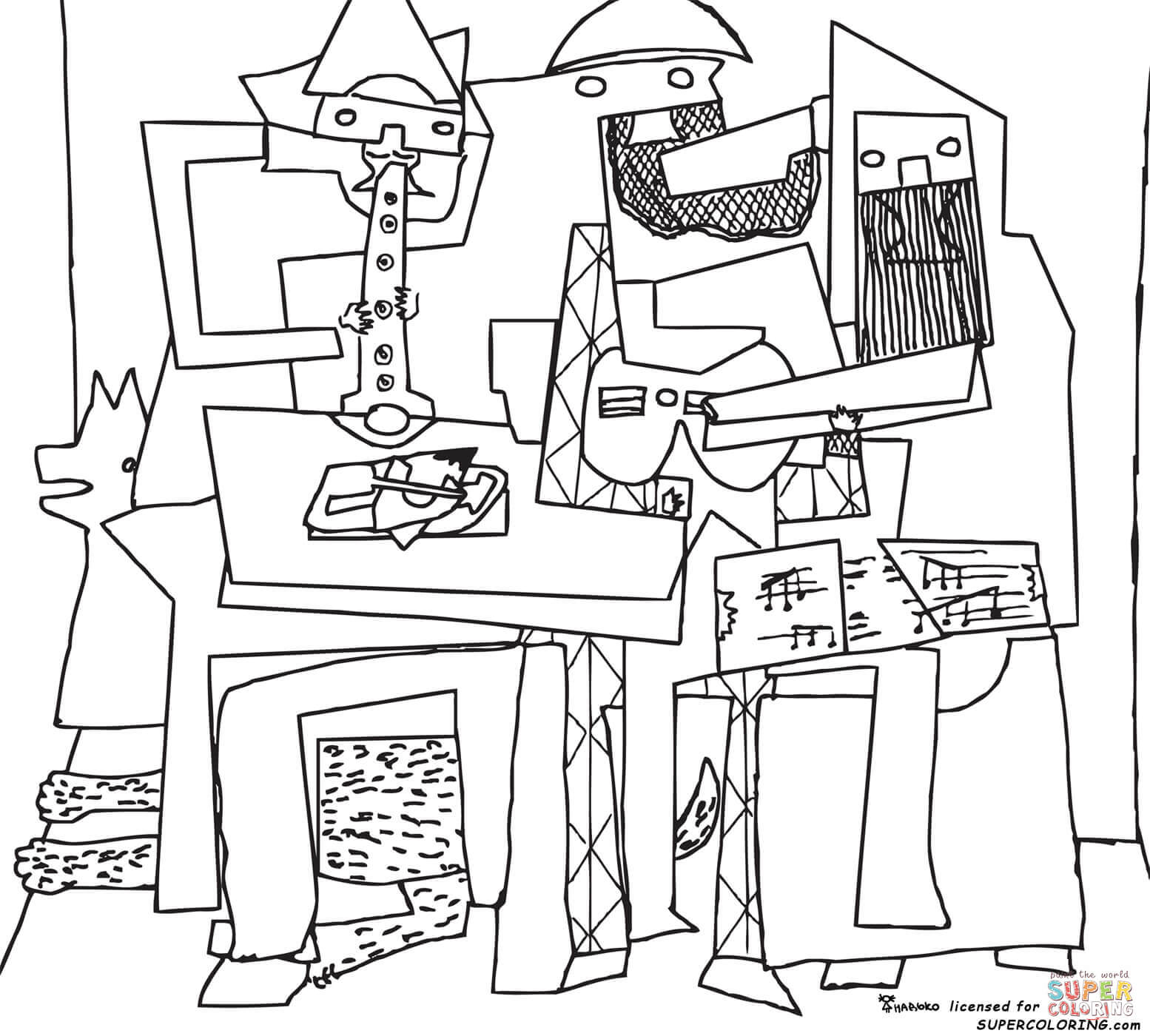 Three musicians by pablo picasso coloring page free printable coloring pages