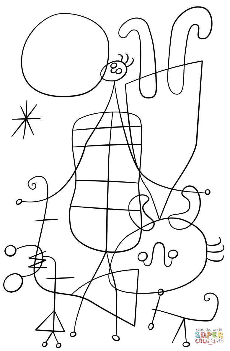 Figures and dog in front of the sun by joan miro coloring page free printable coloring pages