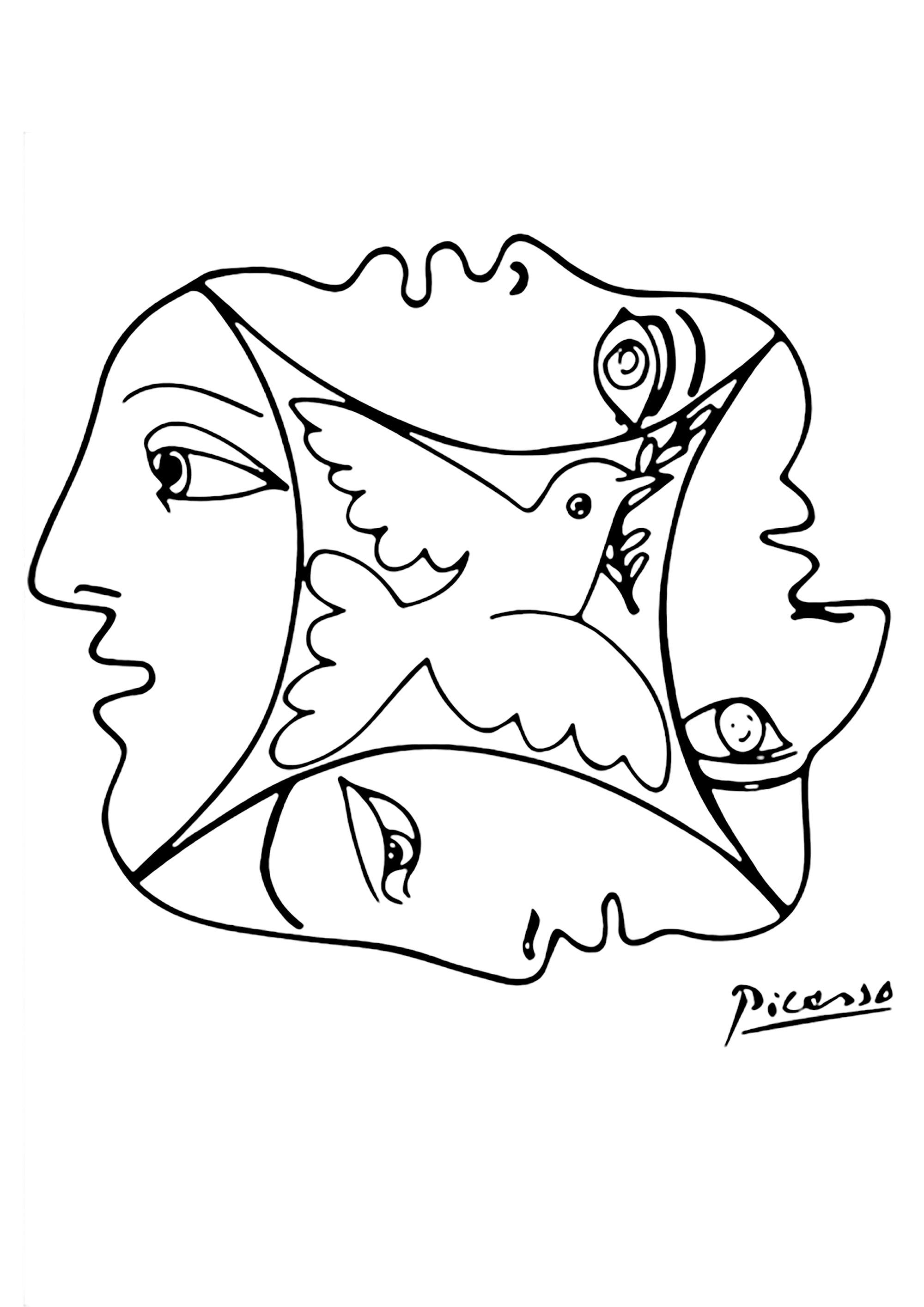 Drawing by pablo picasso with a dove and faces