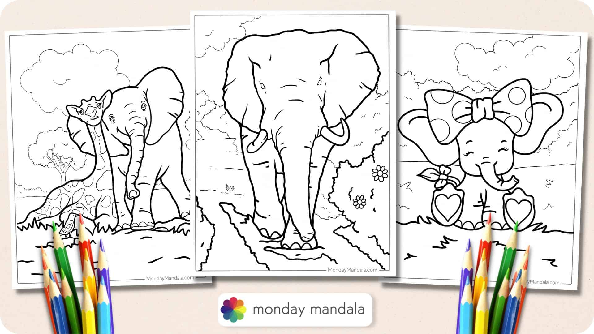 Elephant coloring pages free pdf printables